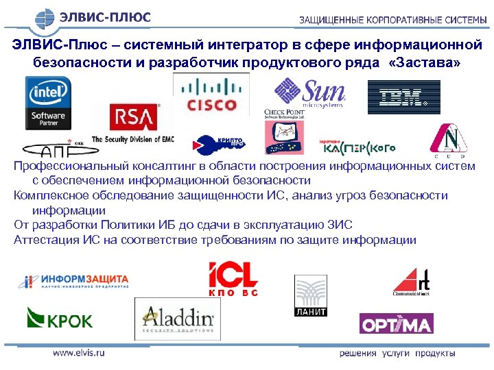 ЭЛВИС-Плюс – системный интегратор в сфере информационной безопасности и разработчик продуктового ряда «Застава» Профессиональный