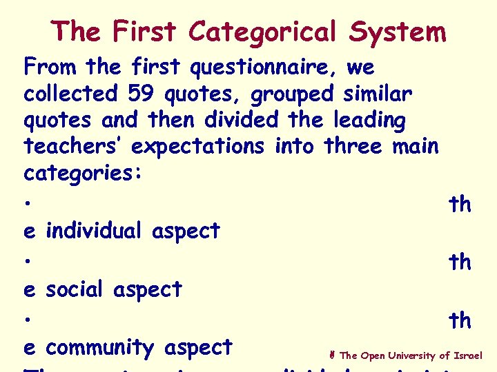 The First Categorical System From the first questionnaire, we collected 59 quotes, grouped similar