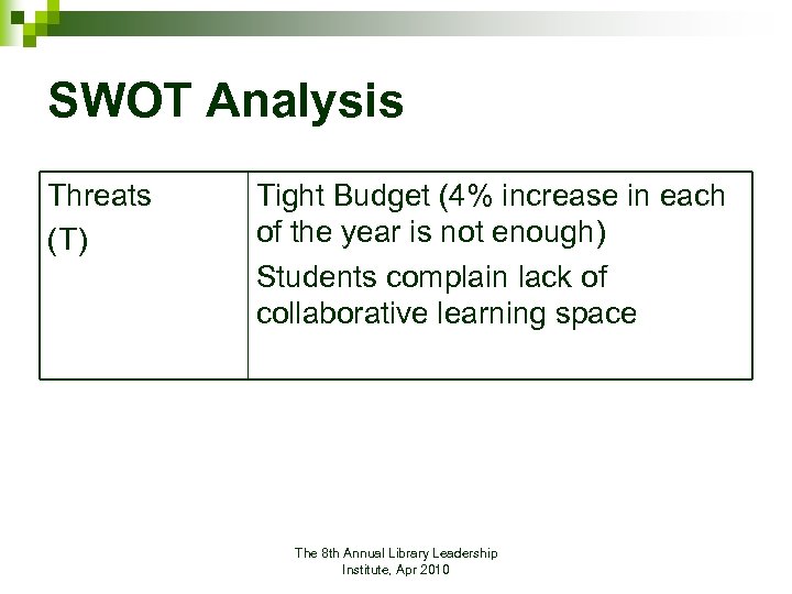 SWOT Analysis Threats (T) Tight Budget (4% increase in each of the year is