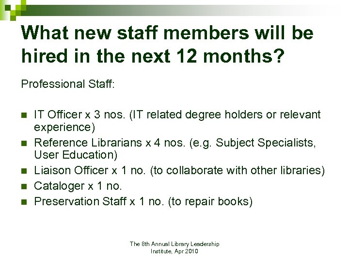 What new staff members will be hired in the next 12 months? Professional Staff: