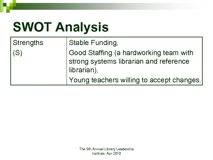 SWOT Analysis Strengths (S) Stable Funding, Good Staffing (a hardworking team with strong systems