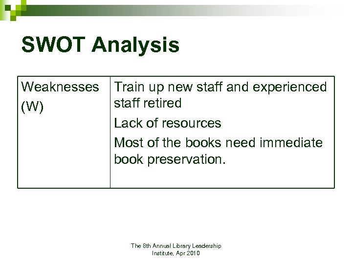 SWOT Analysis Weaknesses (W) Train up new staff and experienced staff retired Lack of