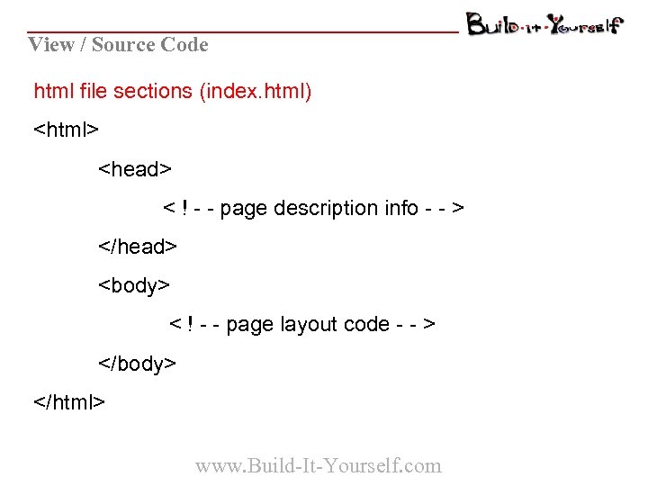 View / Source Code html file sections (index. html) <html> <head> < ! -