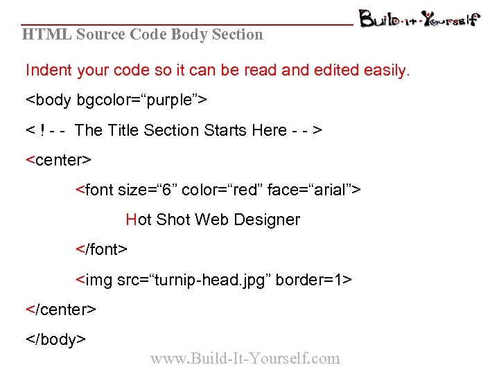 HTML Source Code Body Section Indent your code so it can be read and