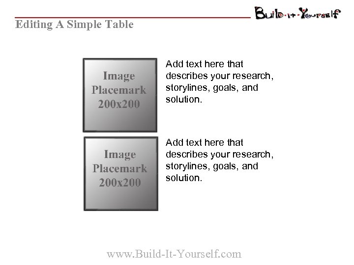 Editing A Simple Table Add text here that describes your research, storylines, goals, and