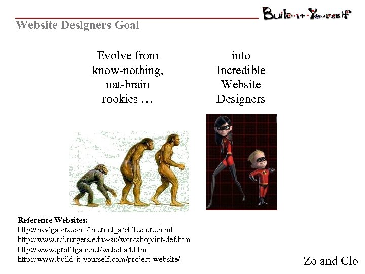 Website Designers Goal Evolve from know-nothing, nat-brain rookies … Reference Websites: http: //navigators. com/internet_architecture.