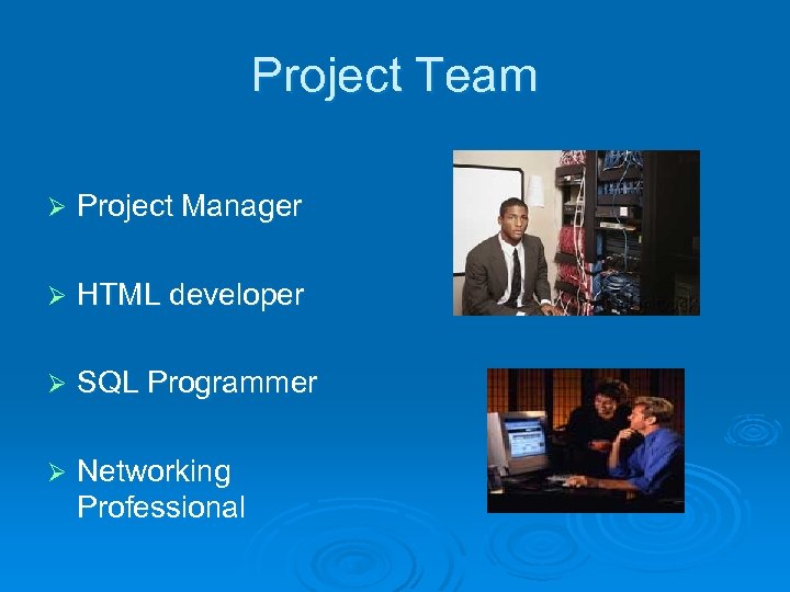 Project Team Ø Project Manager Ø HTML developer Ø SQL Programmer Ø Networking Professional