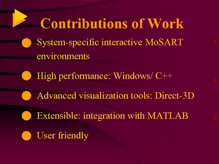 Contributions of Work System-specific interactive Mo. SART environments High performance: Windows/ C++ Advanced visualization