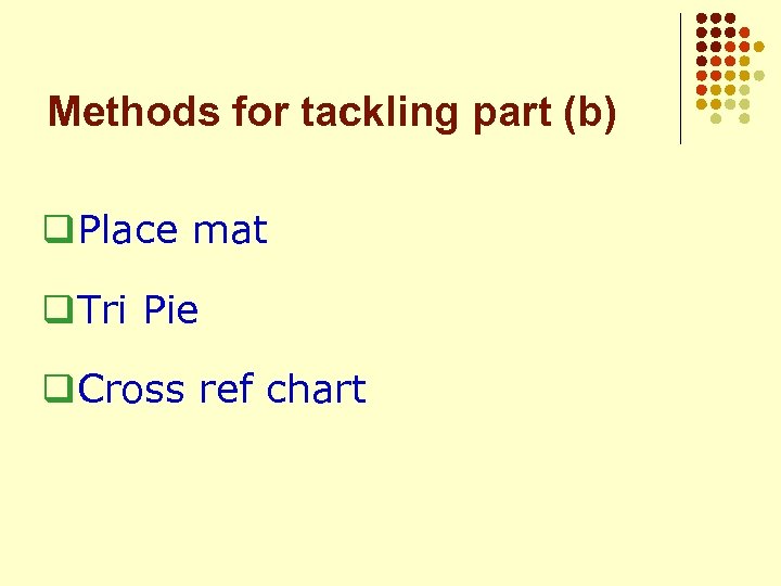 Methods for tackling part (b) q. Place mat q. Tri Pie q. Cross ref