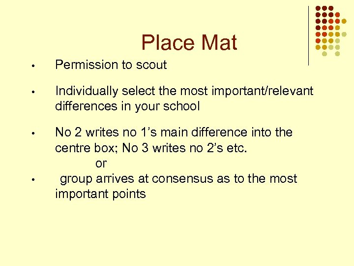 Place Mat • Permission to scout • Individually select the most important/relevant differences in