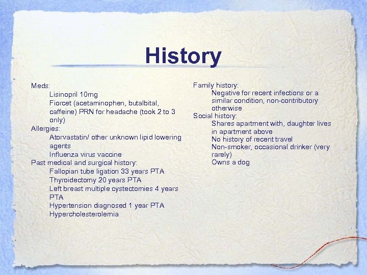 History Meds: Lisinopril 10 mg Fiorcet (acetaminophen, butalbital, caffeine) PRN for headache (took 2