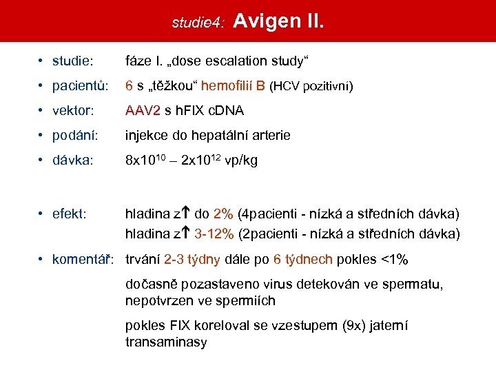studie 4: Avigen II. • studie: fáze I. „dose escalation study“ • pacientů: 6
