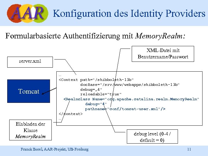 Konfiguration des Identity Providers Formularbasierte Authentifizierung mit Memory. Realm: XML-Datei mit Benutzername/Passwort server. xml