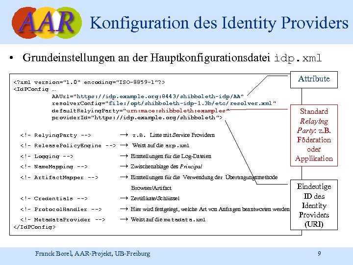 Konfiguration des Identity Providers • Grundeinstellungen an der Hauptkonfigurationsdatei idp. xml <? xml version=