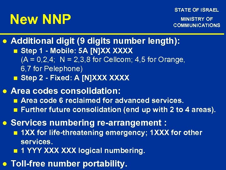 New NNP l n n Area code 6 reclaimed for advanced services. Further future