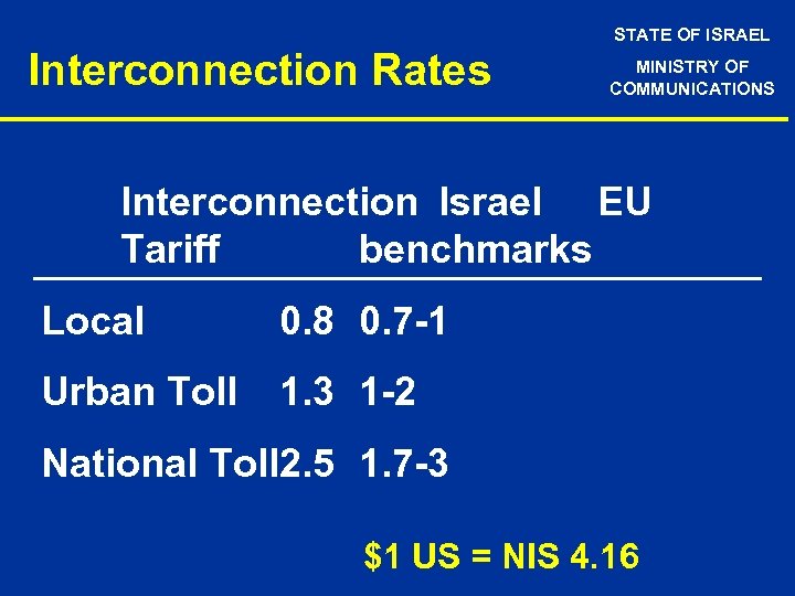 STATE OF ISRAEL Interconnection Rates MINISTRY OF COMMUNICATIONS Interconnection Israel EU Tariff benchmarks Local