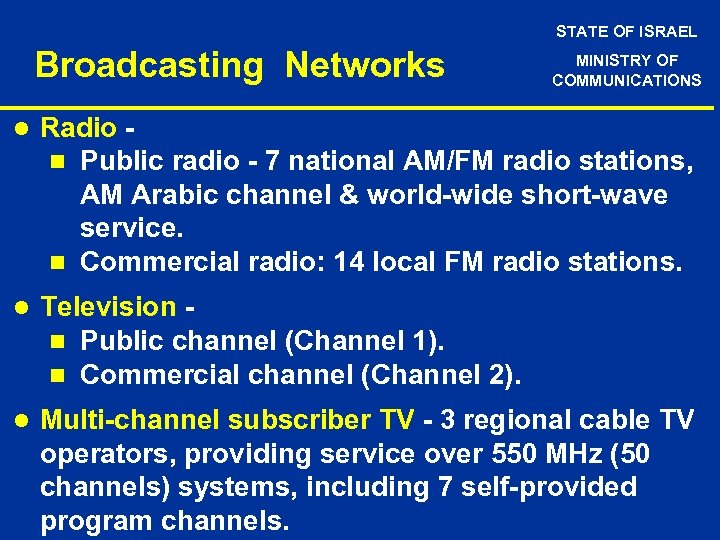STATE OF ISRAEL Broadcasting Networks MINISTRY OF COMMUNICATIONS l Radio n Public radio -