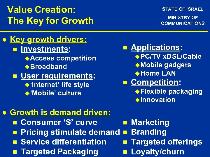 Value Creation: The Key for Growth l Key growth drivers: n Investments: STATE OF