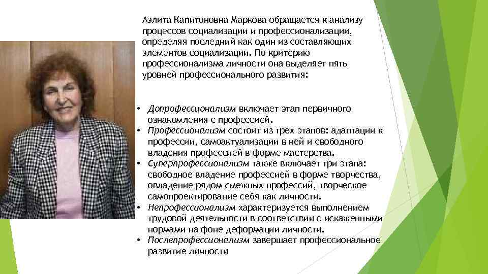 Аэлита Капитоновна Маркова обращается к анализу процессов социализации и профессионализации, определяя последний как один