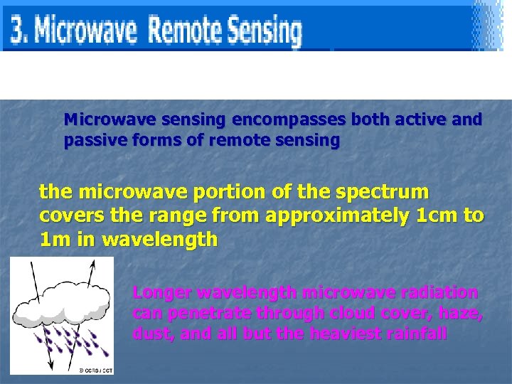 Microwave sensing encompasses both active and passive forms of remote sensing the microwave portion