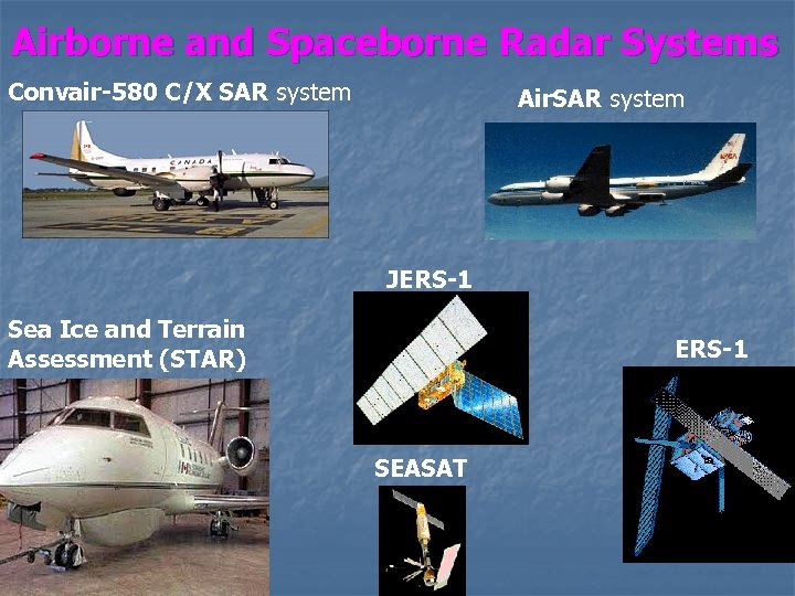 Airborne and Spaceborne Radar Systems Convair-580 C/X SAR system Air. SAR system JERS-1 Sea