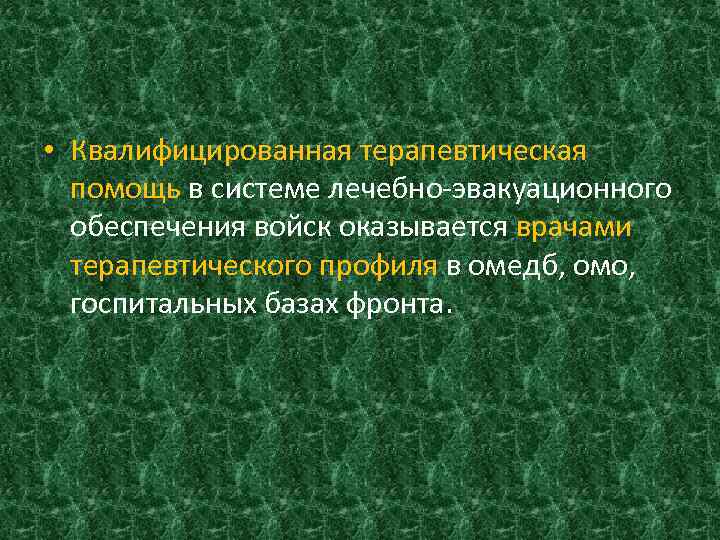  • Квалифицированная терапевтическая помощь в системе лечебно-эвакуационного обеспечения войск оказывается врачами терапевтического профиля