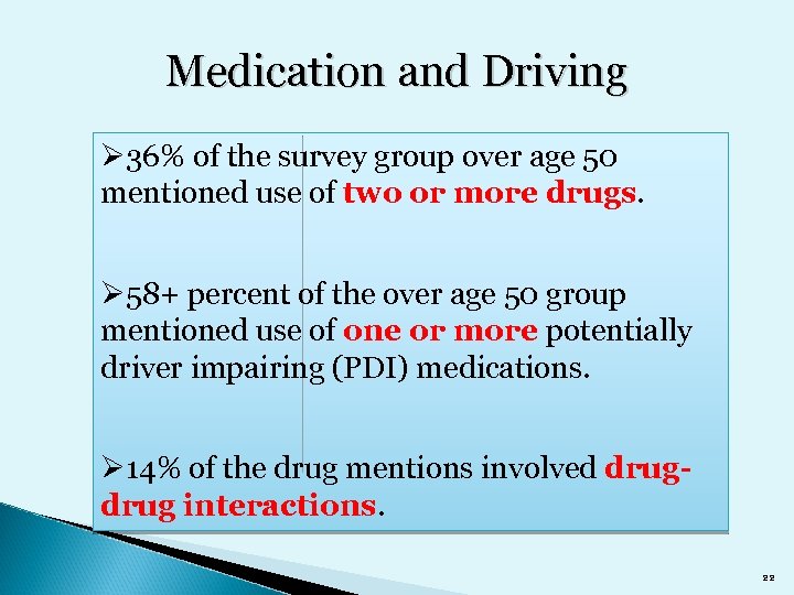 Medication and Driving Ø 36% of the survey group over age 50 mentioned use