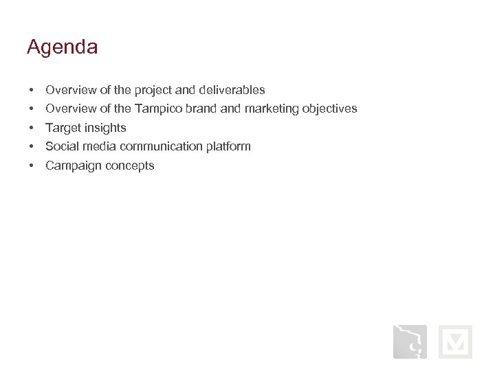 Agenda • • • Overview of the project and deliverables Overview of the Tampico