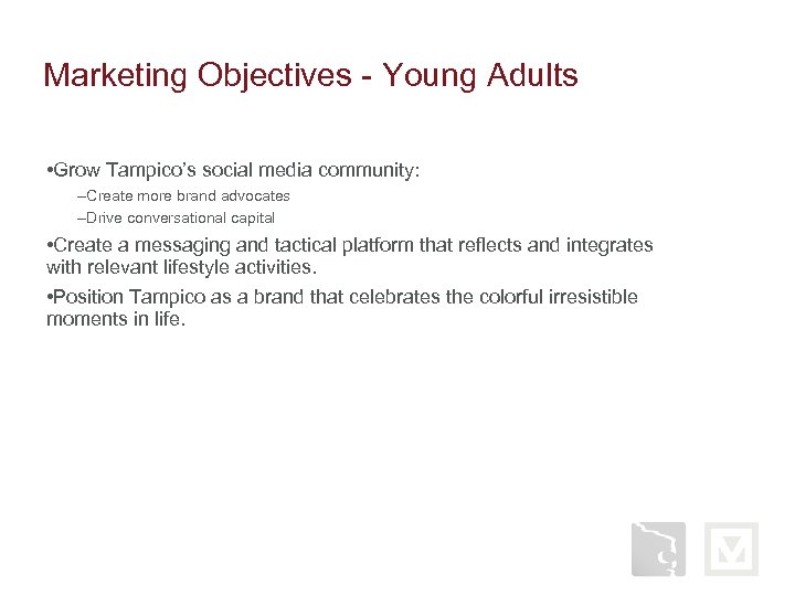 Marketing Objectives - Young Adults • Grow Tampico’s social media community: –Create more brand