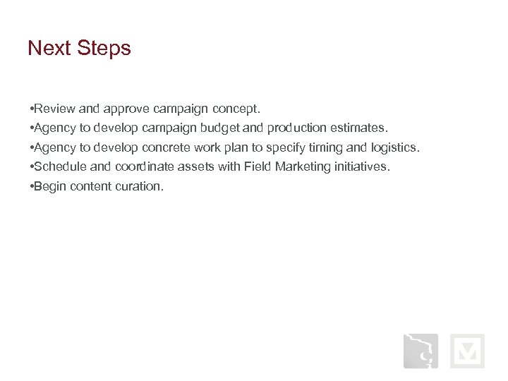 Next Steps • Review and approve campaign concept. • Agency to develop campaign budget