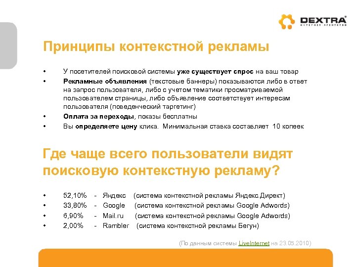 Принципы контекстной рекламы • • У посетителей поисковой системы уже существует спрос на ваш