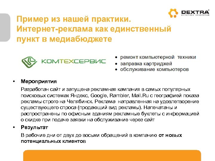 Пример из нашей практики. Интернет-реклама как единственный пункт в медиабюджете • Мероприятия Разработан сайт