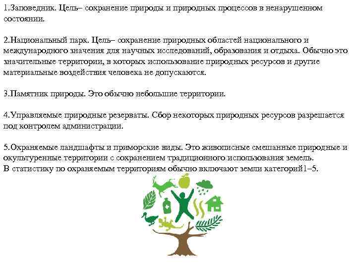 1. Заповедник. Цель– сохранение природы и природных процессов в ненарушенном состоянии. 2. Национальный парк.
