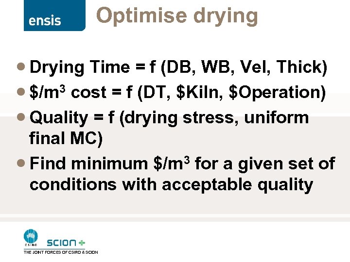 Optimise drying · Drying Time = f (DB, WB, Vel, Thick) · $/m 3