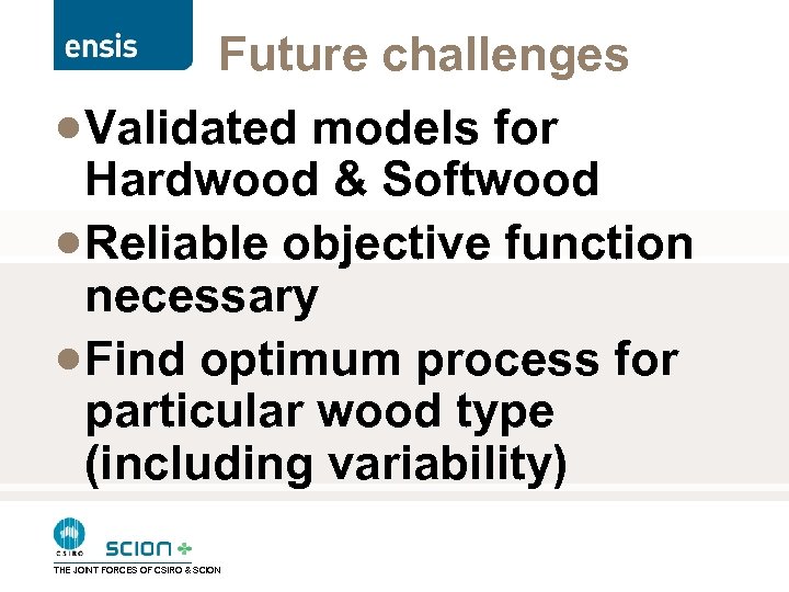 Future challenges · Validated models for Hardwood & Softwood · Reliable objective function necessary