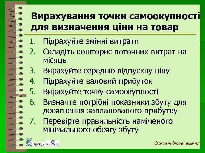 Вирахування точки самоокупності для визначення ціни на товар 1. Підрахуйте змінні витрати 2. Складіть