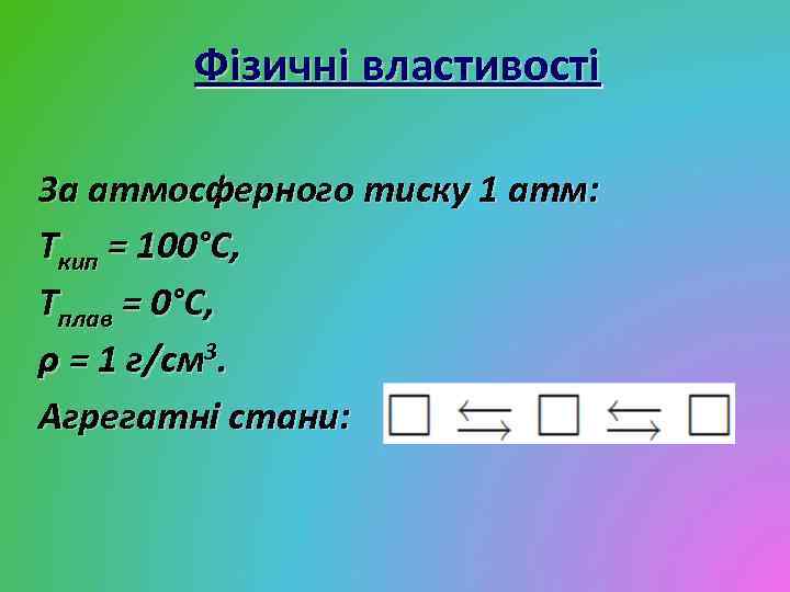 Фізичні властивості За атмосферного тиску 1 атм: Ткип = 100°С, Тплав = 0°С, ρ