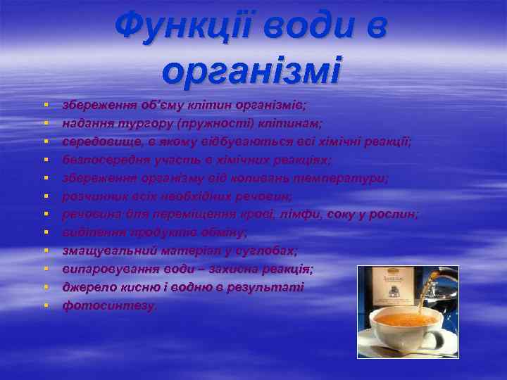 Функції води в організмі § § § збереження об’єму клітин організмів; надання тургору (пружності)