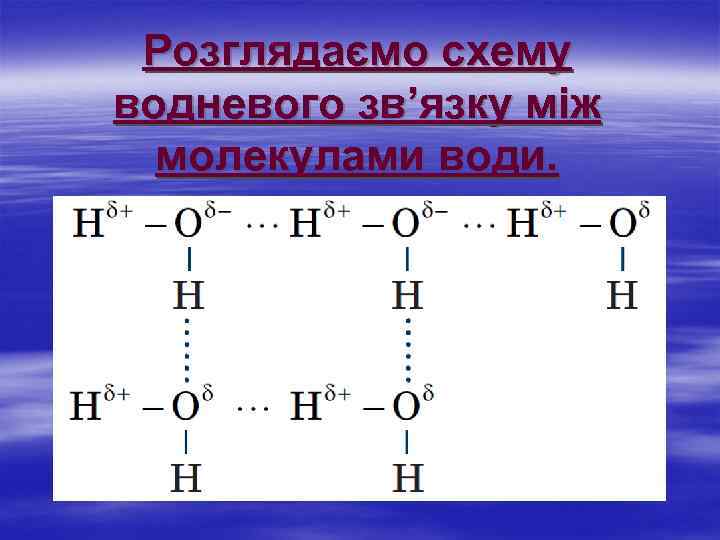 Розглядаємо схему водневого зв’язку між молекулами води. 