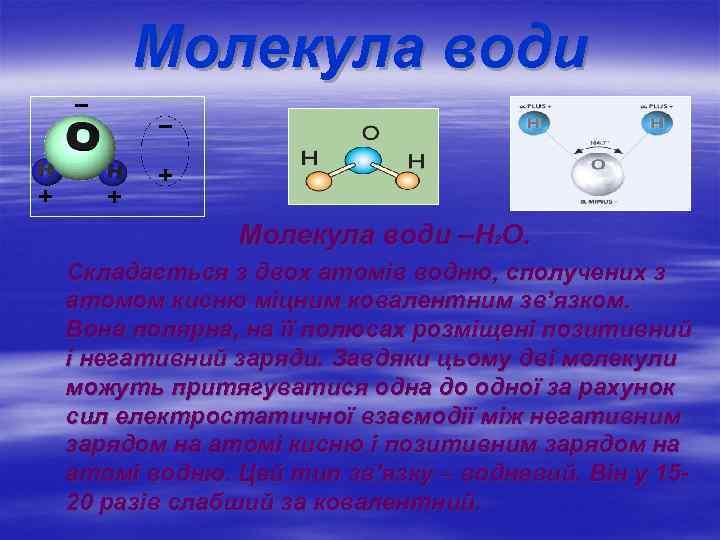 Молекула води Молекула води –Н 2 О. Складається з двох атомів водню, сполучених з