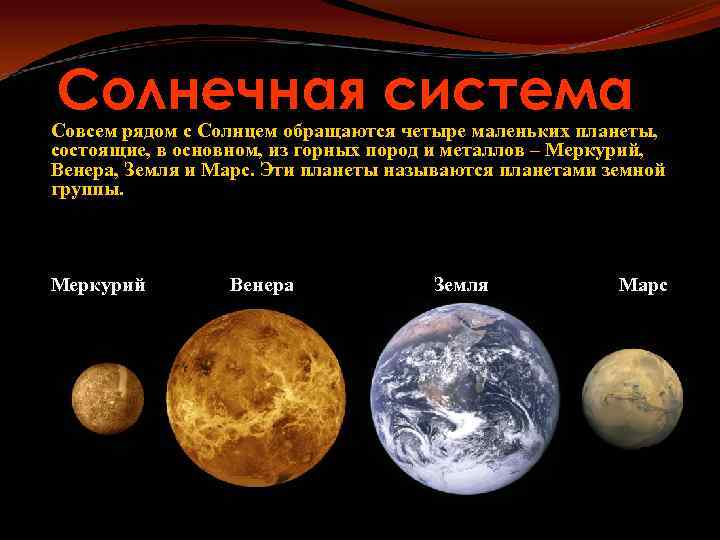 Солнечная система Совсем рядом с Солнцем обращаются четыре маленьких планеты, состоящие, в основном, из