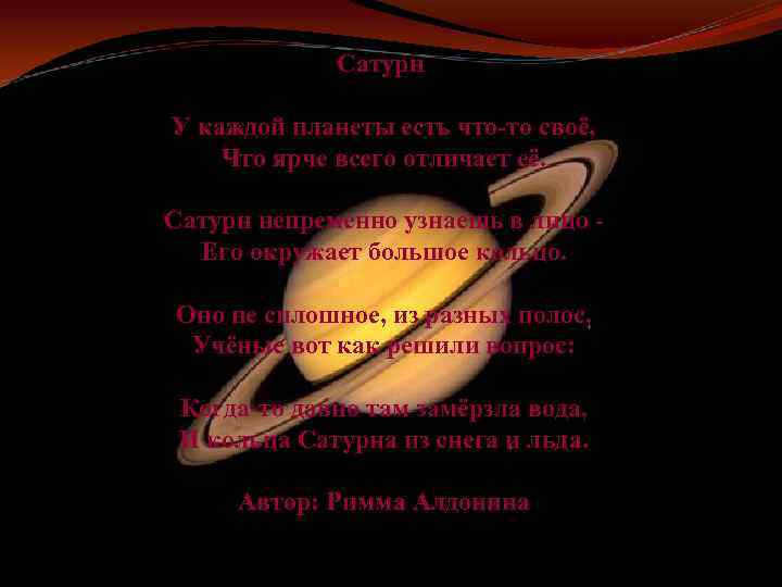 Сатурн У каждой планеты есть что-то своё, Что ярче всего отличает её. Сатурн непременно