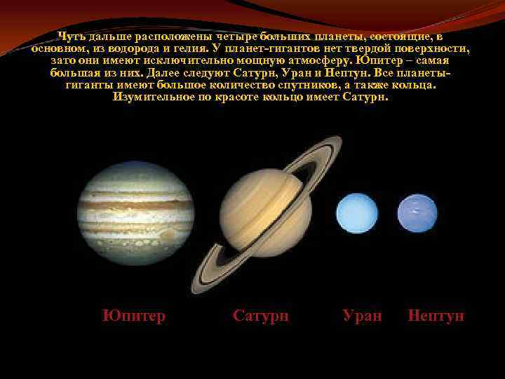 Чуть дальше расположены четыре больших планеты, состоящие, в основном, из водорода и гелия. У