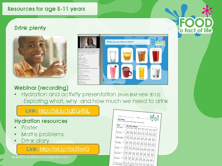 Resources for age 5 -11 years Drink plenty Webinar (recording) • Hydration and activity