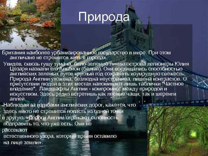 Природа Британия наиболее урбанизированное государство в мире. При этом англичане не стремятся жить в