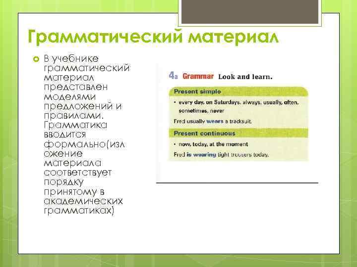 Грамматический материал В учебнике грамматический материал представлен моделями предложений и правилами. Грамматика вводится формально(изл