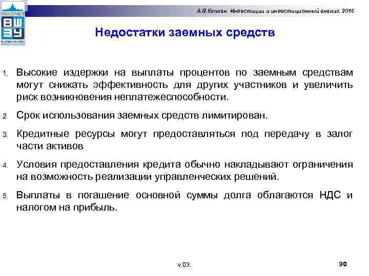 А. В. Каплан: Инвестиции и инвестиционный анализ. 2016 Недостатки заемных средств 1. Высокие издержки