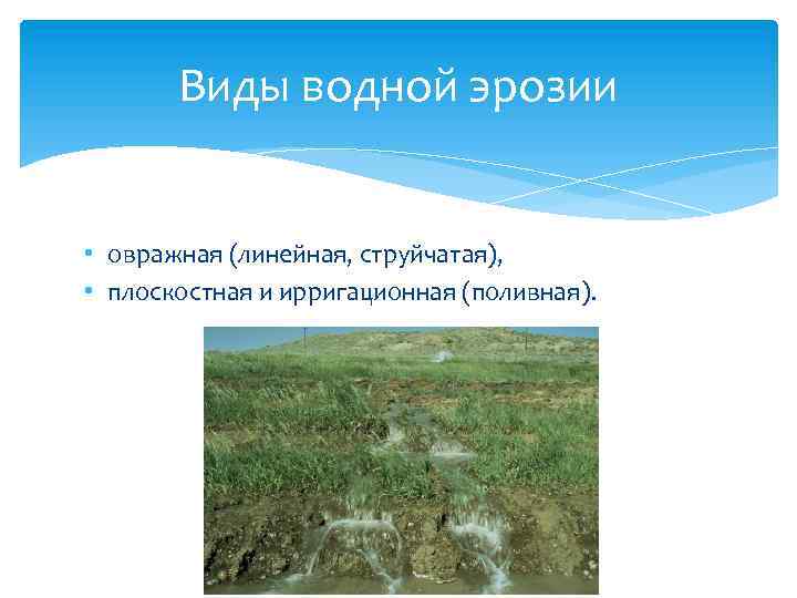 Виды водной эрозии • овражная (линейная, струйчатая), • плоскостная и ирригационная (поливная). 