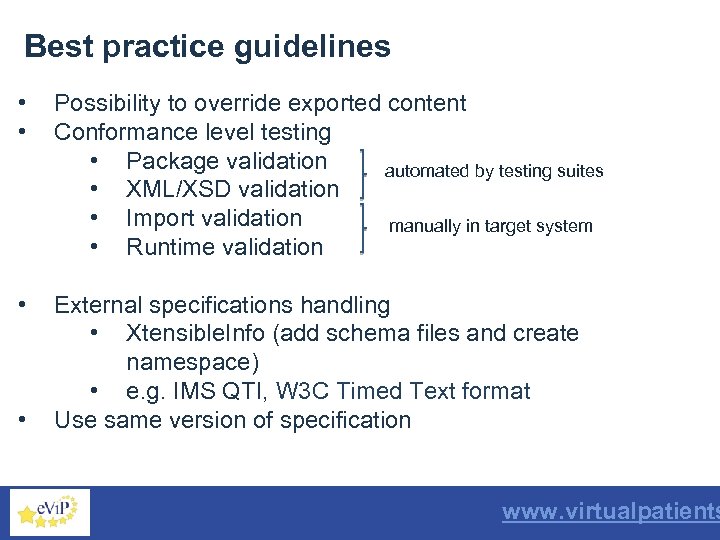 Best practice guidelines • • Possibility to override exported content Conformance level testing •