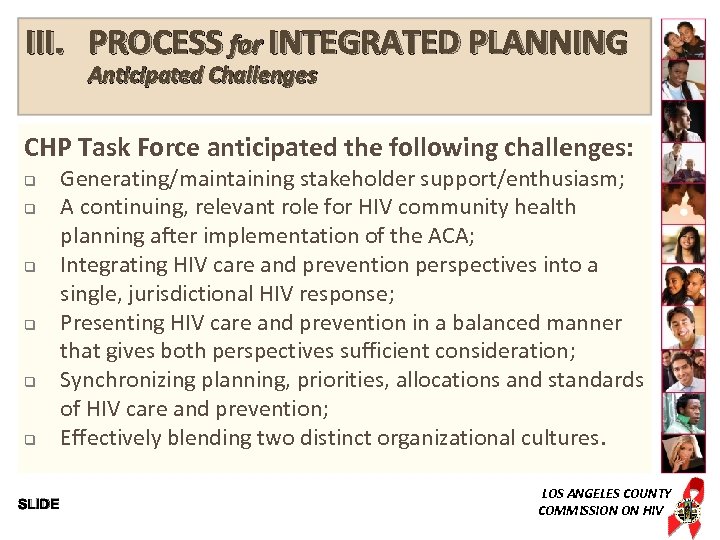 III. PROCESS for INTEGRATED PLANNING Anticipated Challenges CHP Task Force anticipated the following challenges: